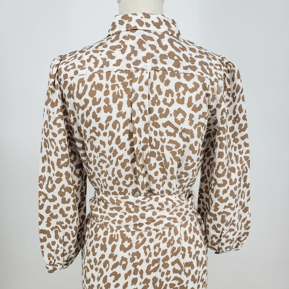 J Crew Midi Shirt Dress Bold Leopard Print Size 2 Belted Tie Waist Tan Cream